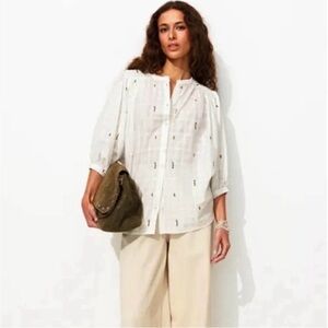 Anthro MERCER & MADISON White Embroidered Rosemary Blouse Boxy M Lagenlook